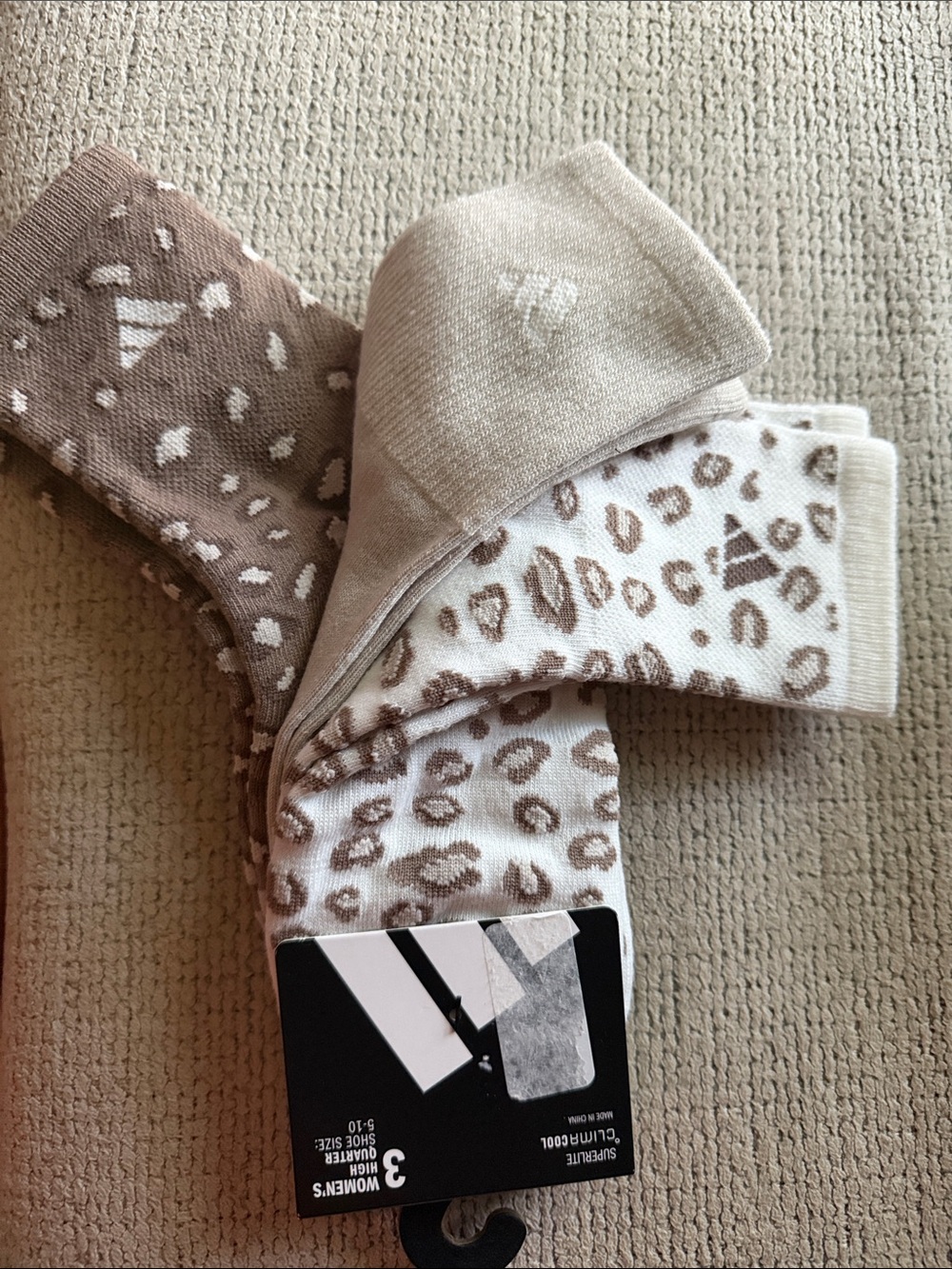 adidas Women's Leopard Print Crew Socks - White & Brown (3 Pack) - Picture 2 of 3